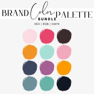 Puede incluir: Un paquete de paleta de colores con fondo blanco. El texto "BRAND Color PALETTE BUNDLE" está en la parte superior. Doce círculos coloridos están dispuestos en tres filas de cuatro. Los colores incluyen rosa, rojo, marrón, naranja, turquesa, morado y negro.