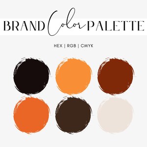 May include: A brand color palette featuring six circular color swatches in black, orange, and brown tones, with the text "BRAND Color PALETTE" at the top. The palette also includes HEX, RGB, and CMYK color codes.