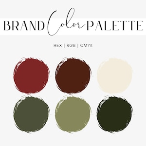 以下が含まれることがあります： 黒い筆記体で「BRAND Color PALETTE」と書かれたブランドカラーパレットのグラフィック。赤、茶色、クリーム色、緑の色合いが特徴の6つのカラースウォッチが2列に配置されています。パレットにはHEX、RGB、CMYKカラーコードが含まれています。