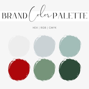 以下が含まれることがあります： 黒い筆記体で「BRAND Color PALETTE」と書かれたブランドカラーパレットのグラフィック。パレットには、白、水色、シーフォームグリーン、赤、オリーブグリーン、ダークグリーンの6つの円形カラーサンプルが含まれています。