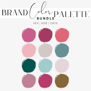 May include: A brand colour palette bundle graphic featuring the text BRAND COLOUR PALETTE BUNDLE HEX | RGB | CMYK. Below the text are twelve circular paint swatches in various colours including pink, magenta, teal, dark green, grey, and gold.