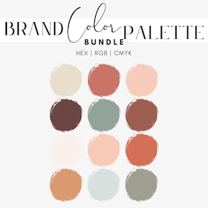 Puede incluir: Un paquete de paleta de colores de marca con doce muestras de color circulares en tonos beige, rojo, rosa, marrón, verde y naranja. El texto "BRAND Color PALETTE BUNDLE" está en la parte superior, con "HEX | RGB | CMYK" debajo.