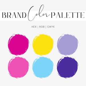 May include: A brand color palette graphic with six colorful circles in shades of pink, yellow, blue, and purple. The text "BRAND Color PALETTE" is at the top, with "HEX | RGB | CMYK" below it.