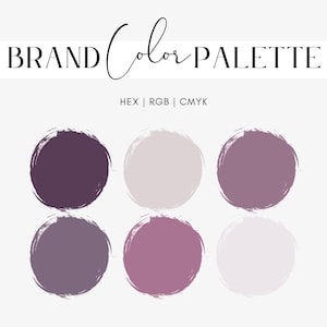 以下が含まれることがあります： ブランドカラーパレットは、6つのカラーサンプルで構成されています。色は、濃いパープル、薄いパープル、薄いピンク、薄いグレー、中間のパープル、薄いグレーです。