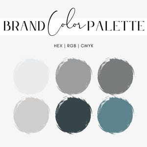May include: A brand color palette with six color swatches. The colors are light gray, gray, dark gray, dark blue, and light blue. The text "BRAND Color PALETTE" is at the top of the image. The text "HEX | RGB | CMYK" is below the color swatches.