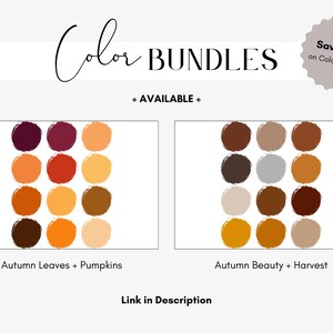 Op de afbeelding: Afbeelding met twee kleurenpaletten met de titels "Autumn Leaves + Pumpkins" en "Autumn Beauty + Harvest". De paletten tonen verschillende tinten oranje, bruin en geel. De tekst bevat "Color BUNDLES" en "Save 25% on Color Bundles."