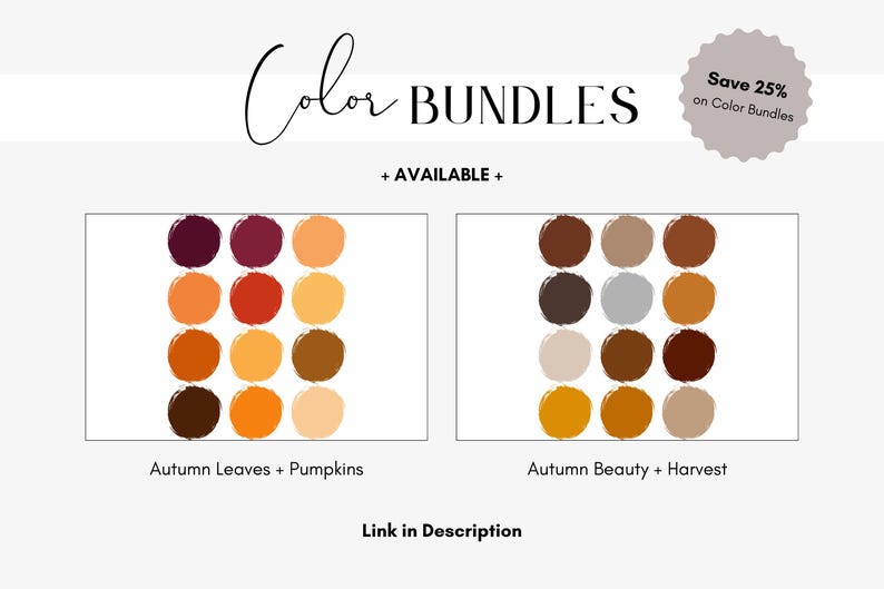 Op de afbeelding: Afbeelding met twee kleurenpaletten met de titels "Autumn Leaves + Pumpkins" en "Autumn Beauty + Harvest". De paletten tonen verschillende tinten oranje, bruin en geel. De tekst bevat "Color BUNDLES" en "Save 25% on Color Bundles."