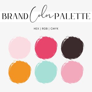 Puede incluir: Gráfico de paleta de colores de marca con seis muestras de color circulares en tonos de rosa, rojo, marrón, naranja, verde azulado y rosa. El texto "BRAND Color PALETTE" está en la parte superior, con "HEX | RGB | CMYK" debajo.