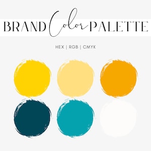 Può includere: Palette di colori del marchio con sei campioni di colore. I colori sono giallo, giallo chiaro, arancione, blu scuro, blu verde e bianco. Il testo "BRAND Color PALETTE" è nella parte superiore dell'immagine. Il testo "HEX | RGB | CMYK" è sotto i campioni di colore.