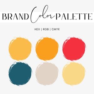 May include: A brand color palette graphic with the text "BRAND Color PALETTE" above six colorful circles. The circles are in shades of yellow, orange, red, teal, beige, and pale yellow. The graphic also includes the text "HEX | RGB | CMYK".