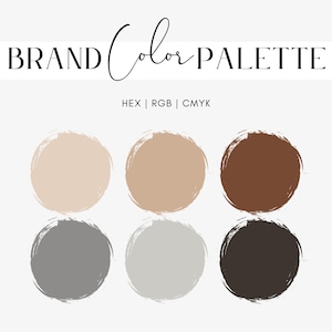 Puede incluir: Una paleta de colores de marca con seis muestras de color circulares en tonos neutros de beige, marrón, gris y negro. El texto "BRAND Color PALETTE" está en la parte superior, con "HEX | RGB | CMYK" debajo.
