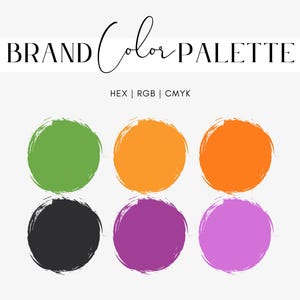 May include: A brand color palette graphic with the text "BRAND Color PALETTE" in black. The palette includes six circular color swatches in green, orange, dark orange, black, purple, and light purple. The color codes HEX, RGB, and CMYK are listed.