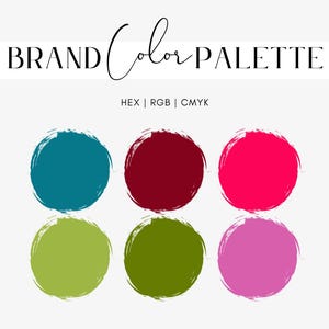 May include: Brand color palette with six color swatches. The colors are teal, burgundy, pink, green, and a lighter shade of pink.