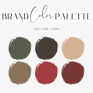 Färgpalett för julstuga, olivgrön, mörk taupe, sand, mocka, röd, vinröd, designschema för högtidsvarumärke, hexagonkoder, RGB, CMYK