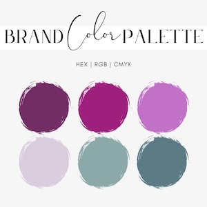 Puede incluir: Gráfico de paleta de colores de marca con el texto "BRAND Color PALETTE" en escritura negra. La paleta incluye seis muestras de color circulares en tonos de morado, rosa y verde azulado, con etiquetas HEX, RGB y CMYK.