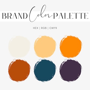 Full Moon Color Palette, Ivory, Buttery Yellow, Pumpkin Orange, Dark Terracotta, Teal, Deep Plum, Fall Branding Design, Hex Codes, RGB, CMYK