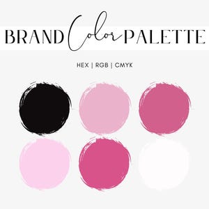 Könnte beinhalten: Grafik einer Markenfarbpalette mit dem Text "BRAND Color PALETTE" in Schwarz. Die Palette enthält sechs kreisförmige Farbfelder in Schwarz, Rosa und Weiß mit HEX-, RGB- und CMYK-Farbcodes.