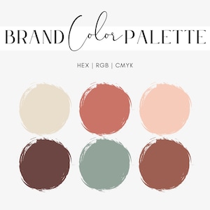 Puede incluir: Gráfico de paleta de colores de marca con el texto "BRAND Color PALETTE" en la parte superior. La paleta presenta seis muestras de color circulares en tonos beige, coral y marrón. Los códigos de color HEX, RGB y CMYK se enumeran a continuación.