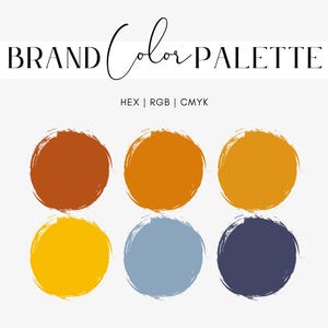 May include: A brand color palette graphic with the text "BRAND Color PALETTE" and color codes. Six circular color swatches in shades of orange, yellow, and blue are displayed on a white background.