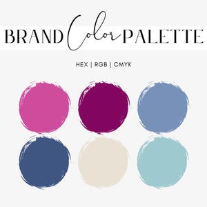 May include: Brand colour palette with six colour swatches. The colours are pink, purple, blue, navy blue, beige, and light blue.