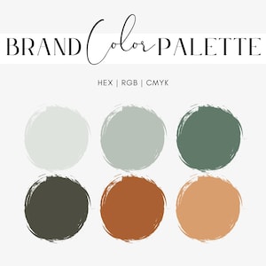 Peut inclure: Une palette de couleurs de marque avec six échantillons de couleurs. Les couleurs sont vert clair, gris, vert foncé, orange et orange clair. Le texte "BRAND Color PALETTE" est en haut de l'image. Le texte "HEX | RGB | CMYK" est sous les échantillons de couleurs.