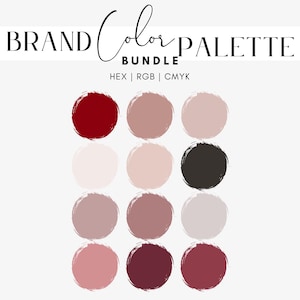 Puede incluir: Un paquete de paleta de colores de marca sobre un fondo blanco. El texto "BRAND Color PALETTE BUNDLE" está en la parte superior. Doce muestras de color circulares están dispuestas en tres filas. Los colores incluyen burdeos, rosa y gris.