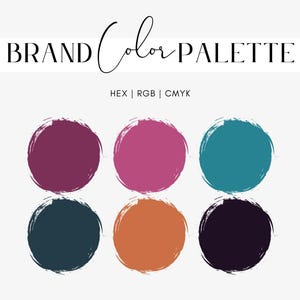 May include: A brand color palette graphic with the text "BRAND Color PALETTE" and color swatches. The swatches are in a circle shape with a brushstroke effect. The colors include shades of purple, pink, teal, orange, and navy.