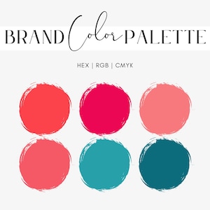 May include: Brand color palette with six color swatches. The colors are coral, pink, red, teal, and blue.