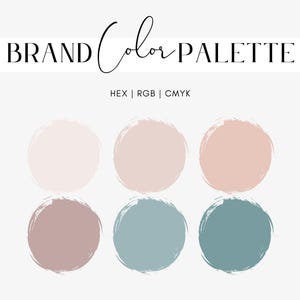 以下が含まれることがあります： ブランドカラーパレットは、6つのカラーサンプルで構成されています。色は、薄いピンク、濃いピンク、薄い茶色、薄い青、中間の青、濃い青です。