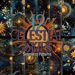 May include: Twelve celestial sky seamless patterns featuring a dark blue background with gold, white, and orange stars, planets, and celestial bodies. The patterns also include floral elements and compass designs.