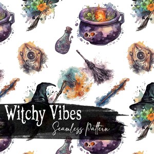 Witchy Vibes Watercolor Seamless Pattern 12x12 Instant Digital Download | PAT Pattern File Scrapbooking Junk Journal Wallpaper