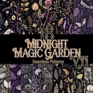 Könnte beinhalten: Ein Set mit 18 digitalen nahtlosen Mustern mit dem Thema Mitternachts-Magiegarten. Die Muster beinhalten verschiedene florale Elemente, Schmetterlinge und Sterne in den Farben Lila, Gold und Weiß auf schwarzem Hintergrund. Der Text "18 Midnight Magic Garden VII" ist in goldener Schrift dargestellt.