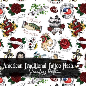 Vintage Tattoo-Inspired Seamless Pattern with Bold Traditional Designs V1 - Scrapbook Paper Junk Journals Instant Digital Download