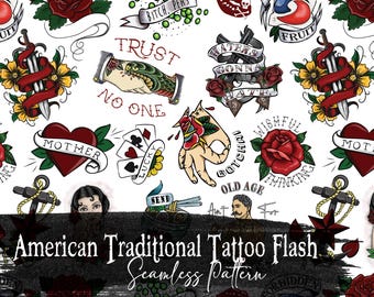 Vintage Tattoo Flash Seamless Pattern: Traditional Americana (Digital Download)