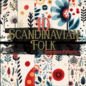 Könnte beinhalten: Zehn skandinavische Folk-Nahtlose Muster mit bunten floralen und geometrischen Designs. Die Muster sind in Rot, Blau, Grün, Gelb und Weiß.