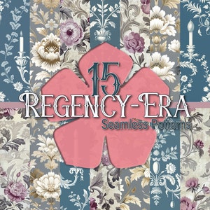 May include: A collection of 15 seamless patterns in a Regency Era style. The patterns feature floral designs in shades of pink, white, and gray, with intricate details and a vintage aesthetic.