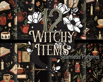 Witchy Items Seamless Patterns: Mystical Digital Scrapbook Designs (PAT File)