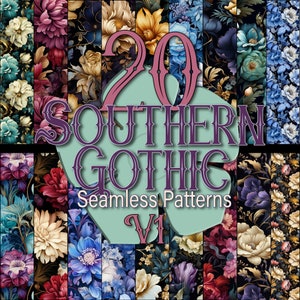 May include: A digital collage of 20 seamless patterns featuring dark floral designs in shades of purple, blue, red, and yellow. The patterns are arranged in a grid with the text "20 SOUTHERN GOTHIC Seamless Patterns V1" in the center.