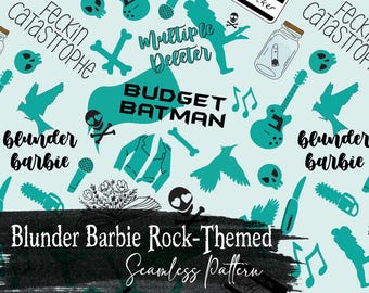 Blunder Barbie Rock-Themed Dark Romance Seamless Pattern - Scrapbook Paper Junk Journals Instant Digital Download