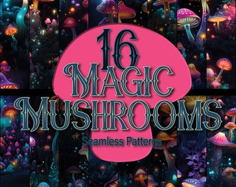 Neon Magic Mushroom Seamless Pattern: Fantasy Scrapbook Paper (Digital Download)