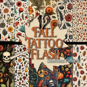 12 Fall Tattoo Flash Seamless Pattern Pack Includes PAT File Scrapbook Paper Junk Journals Instant Digital Download