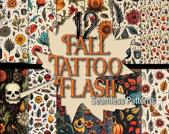12 Fall Tattoo Flash Seamless Patterns: Scrapbook Paper (Digital Download)