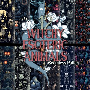 May include: Twelve seamless patterns featuring a variety of witchy and esoteric animals. The patterns are in a dark blue color scheme with gold and white accents. The animals include owls, snakes, deer, and other creatures. The text "12 Witchy Esoteric Animals Seamless Patterns" is displayed in the center of the image.