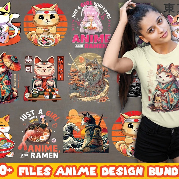 Anime Design Bundle | Japan Manga Bundle | Anime T-shirt Designs Bundle Files | Manga Anime Fans Kawaii Ramen Cat Anime Japanese Neko Noodle