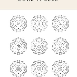 Puede incluir: Nueve sellos circulares en blanco y negro con diferentes iconos y texto. El texto en los sellos incluye "Purpose", "Patience", "High Vibe", "Growth", "Connection", "New Ideas", "Impact", "Creativity", y "Work Life Balance".