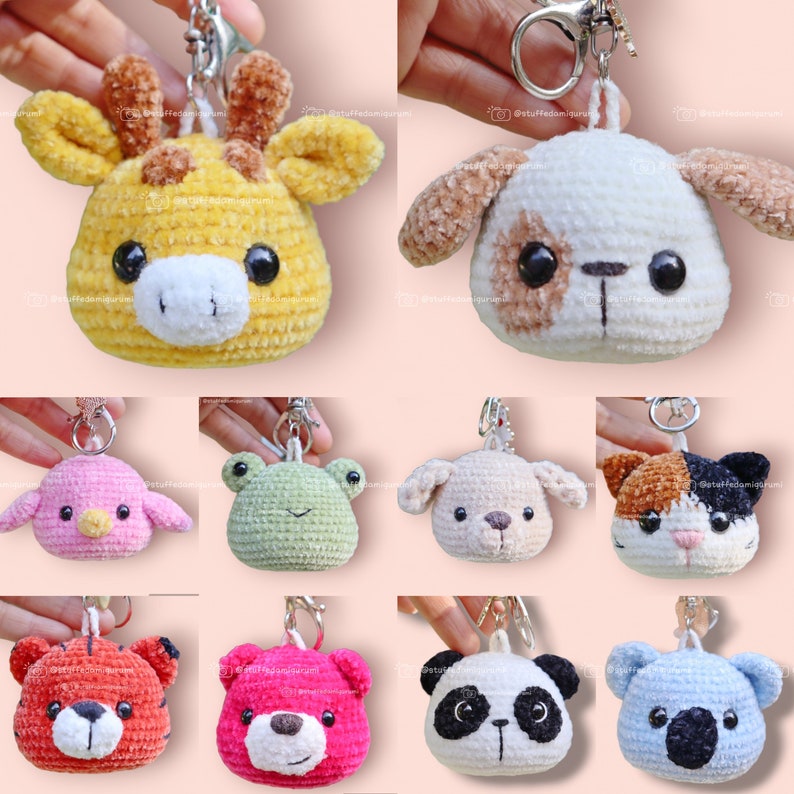 May include: A collection of ten crocheted animal keychains. The keychains are made of soft, plush yarn and feature a variety of animals, including a giraffe, dog, frog, cat, panda, bear, and more. Each keychain is approximately 7.5 cm tall and is perfect for adding a touch of whimsy to your keys or bag.