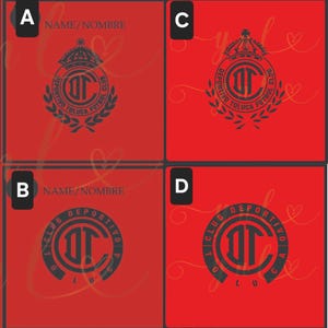 May include: A red graphic display featuring four distinct sections labeled A, B, C, and D. Each section showcases a dark gray Deportivo Toluca Futbol Club logo. Sections A and C include a crown and laurel design, while B and D show a circular emblem.
