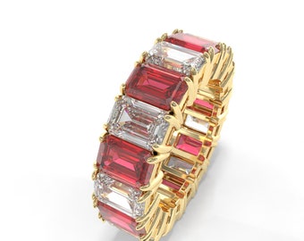 9.00ct Ruby Diamond Eternity Band • Emerald Cut Ruby Diamond Ring • Luxury Fashion Chase Ring• Classic Precious Ring• Lab Grown Diamond Ring