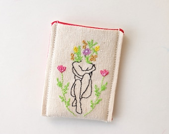 Embroidered Pill Case, Cotton Card Holder, Floral Woman Design