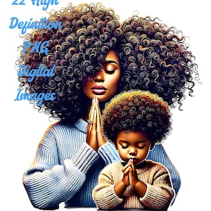 Des mamans et des bébés afro-américains/noirs en prière. Belle image clipart numérique haute définition PNG 300 dpi.
